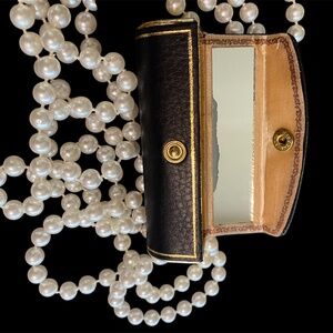 VTG Leather BREVETTATO Lipstick Case Holder Mirror Fleur De Lis Italy Black Gold